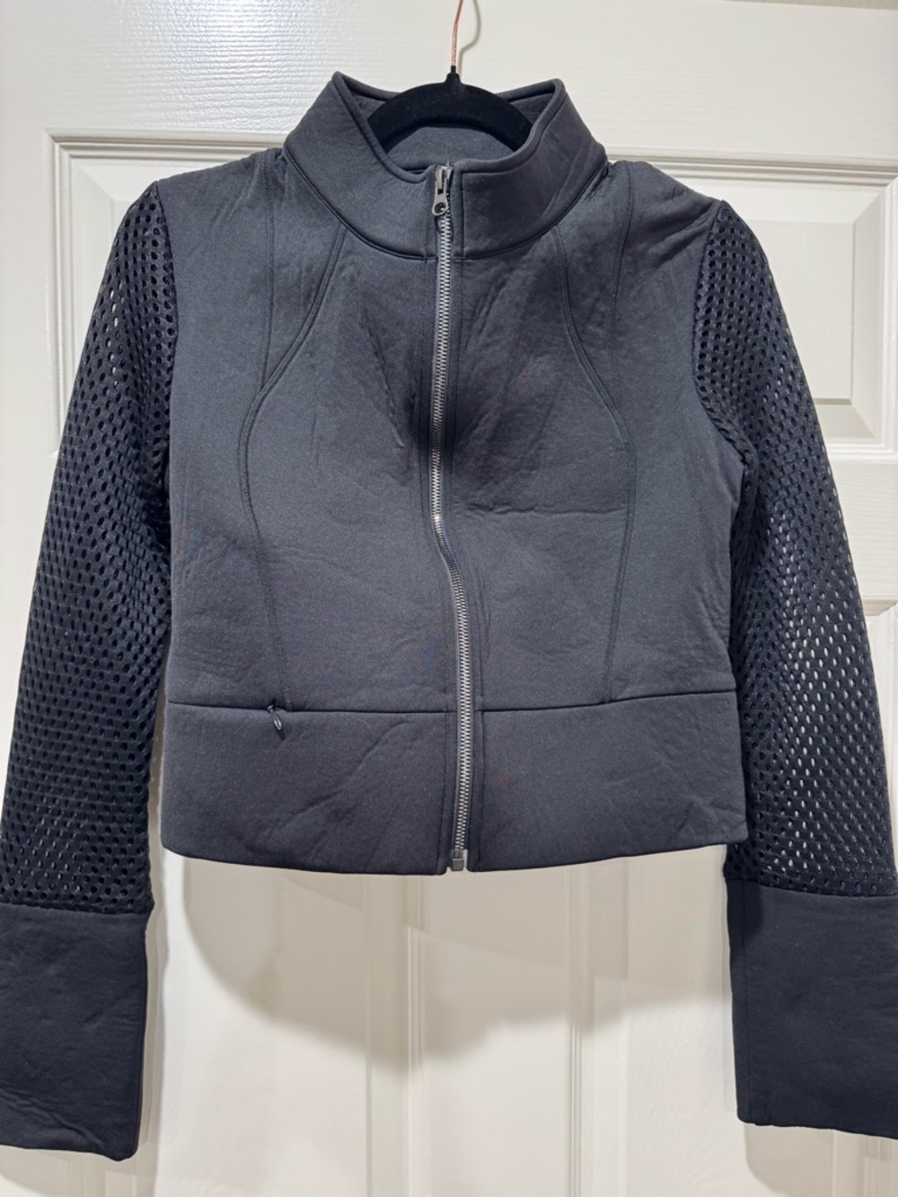 ALO Yoga Black Zip-Front Bomber Jacket with Mesh Sleeves